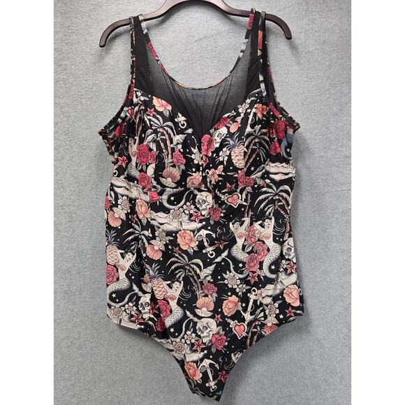 Torrid Tattoo Print High Neck Skull Mermaid Pineapple One Piece Swimsuit Size 5X - Picture 1 of 8